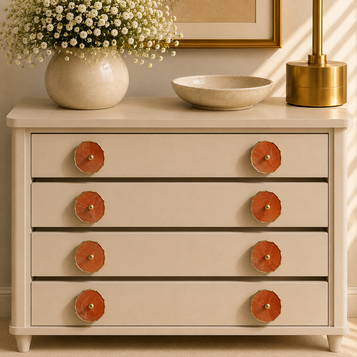 Eight terracotta stone knobs across four drawers of a cream chest