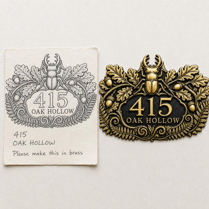 Stag Beetle and Oak plaque in antique brass, design-reference composition with the pictured sketch or wording beside the finished plaque