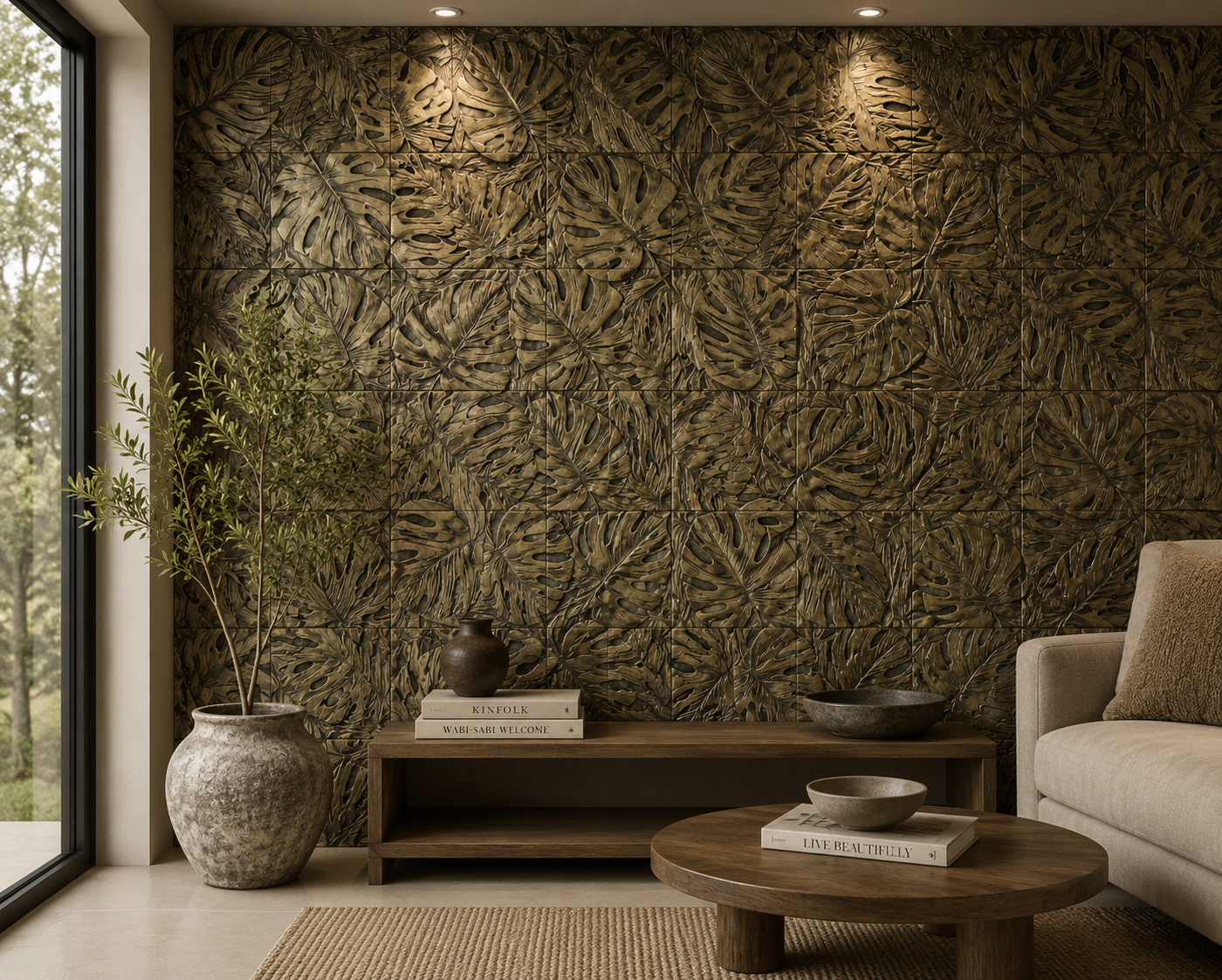 Tropical Leaf Brass Wall Tiles – Set of 4