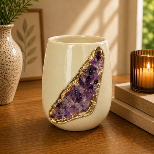 Cream Ceramic Short Teardrop Vase with Crystal Inlay