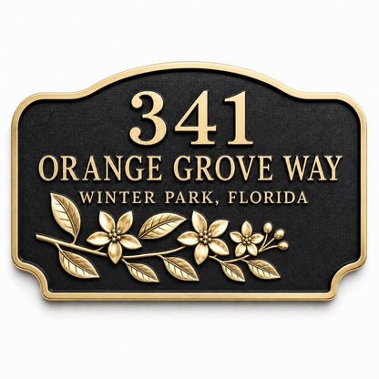 Orange Blossom name plate with raised house number, two wording lines and flowering branches
