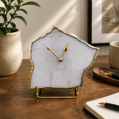 Large white agate desk clock with metal edge, India | The Tangerine Store