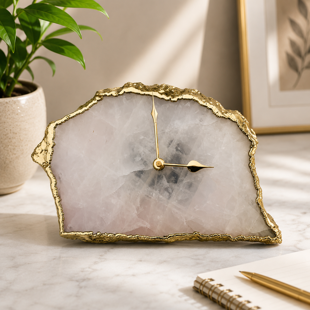 Large rose quartz agate desk clock with metal edge, India | The Tangerine Store