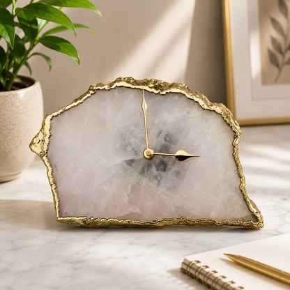 Large rose quartz agate desk clock with metal edge, India | The Tangerine Store