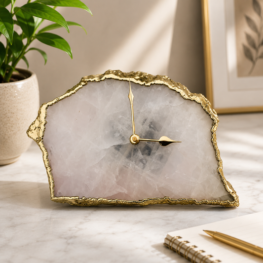 Large rose quartz agate desk clock with metal edge, India | The Tangerine Store