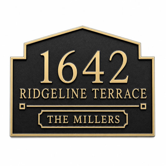Peaked Gable plaque, front with raised number, name line and lower family-name panel