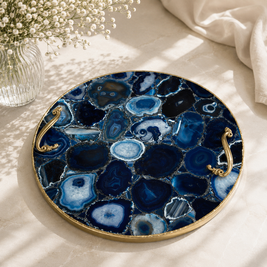 Blue agate round tray — ornate brass handles, rose gold finish, India