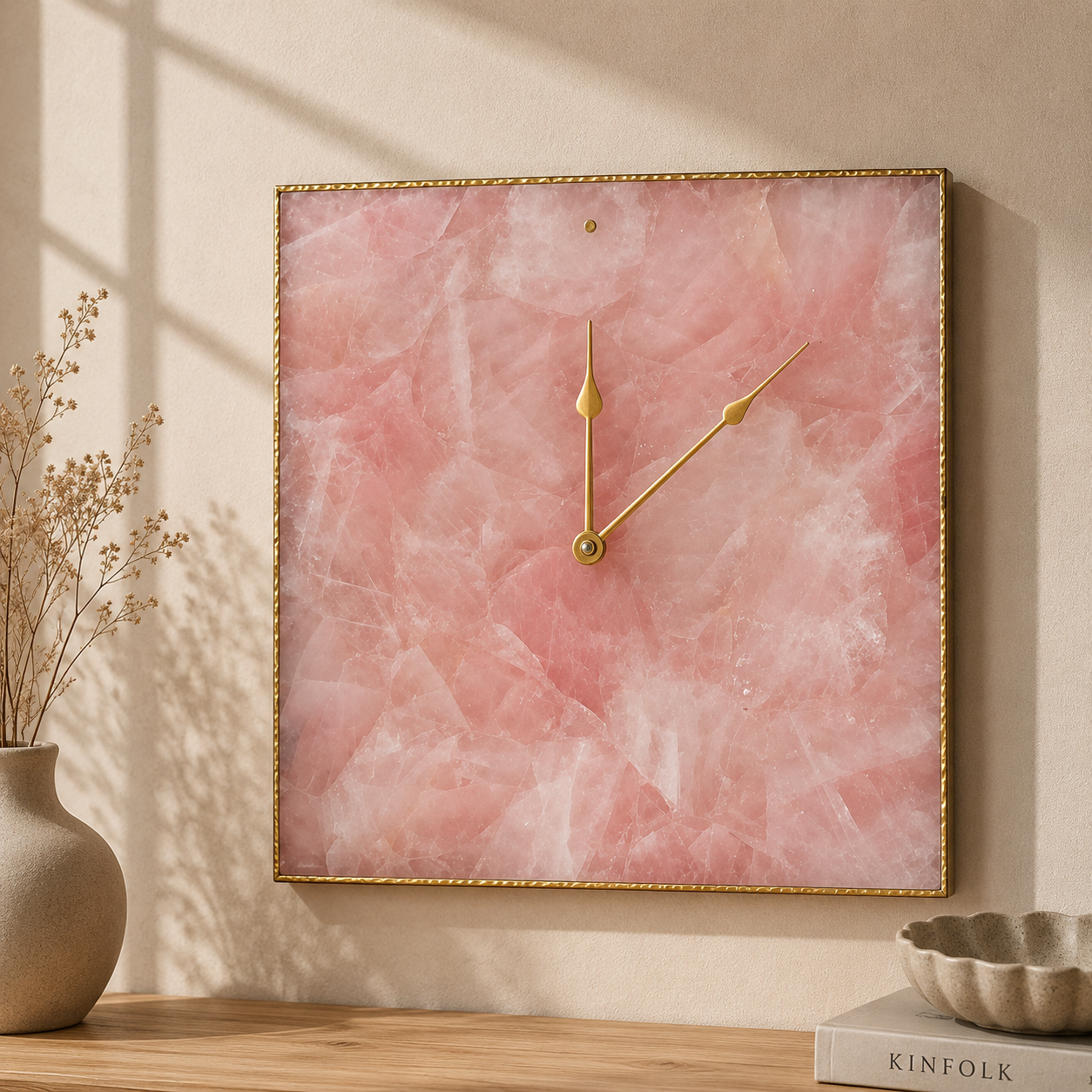 Rose quartz square wall clock collection showing Gold, Silver and Rose Gold finish options