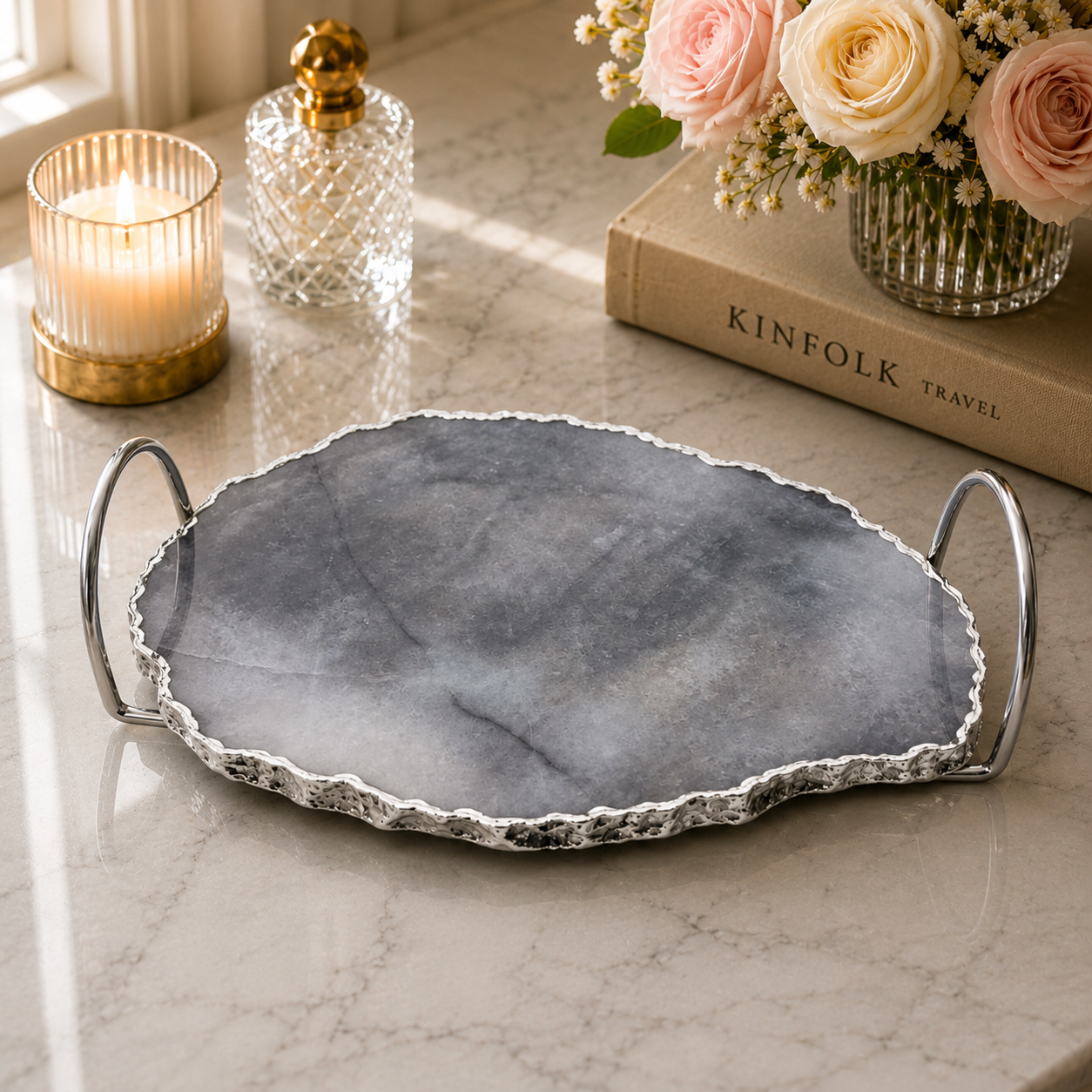 Grey Agate Organic Edge Tray — Silver Loop Handles