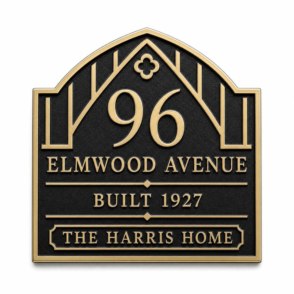 Craftsman Arch plaque, front showing number, name, year and lower family-name panel