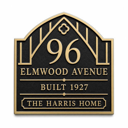 Craftsman Arch plaque, front showing number, name, year and lower family-name panel