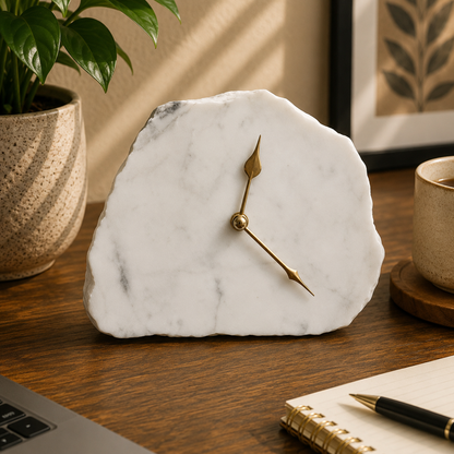Hand-chipped white marble desk clock with metal stand, India | The Tangerine Store