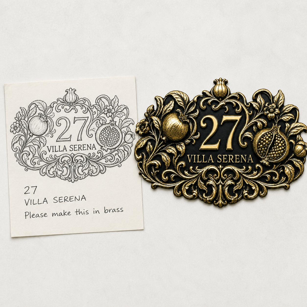 Pomegranate plaque in antique brass, design-reference composition with the pictured sketch or wording beside the finished plaque