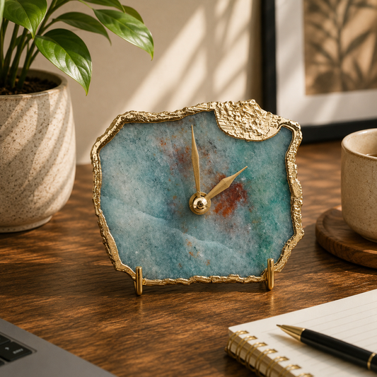 Grey green aventurine agate desk clock with metal edge, India | The Tangerine Store