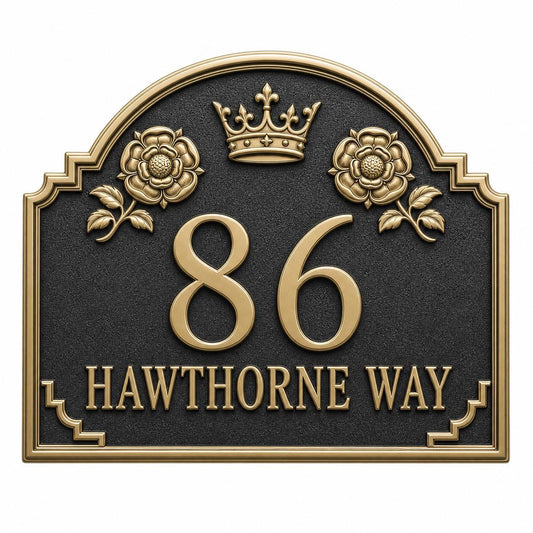 Crown and Rose plaque, front with number and one name line beneath a crown and roses