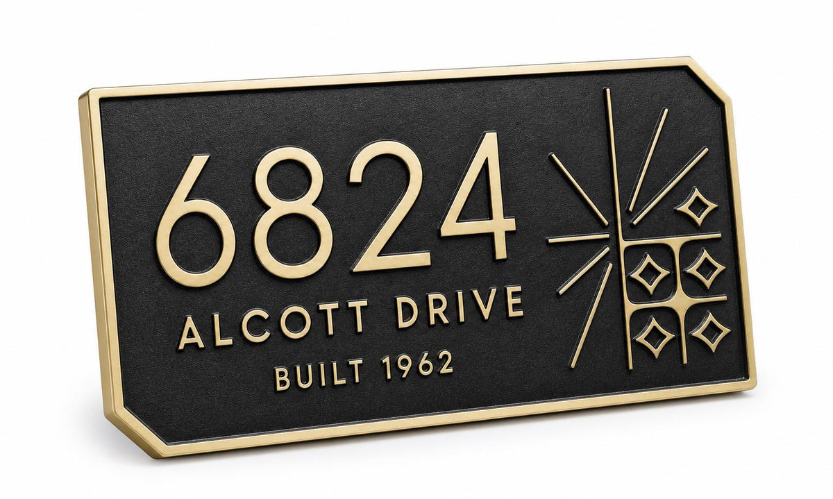 Angled Mid-Century Modern plaque showing its starburst and geometric motifs