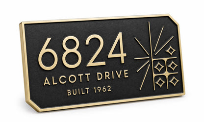 Angled Mid-Century Modern plaque showing its starburst and geometric motifs