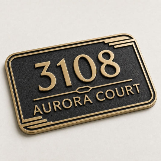 Angled Streamline Moderne plaque with raised number, one name line and parallel geometric borders