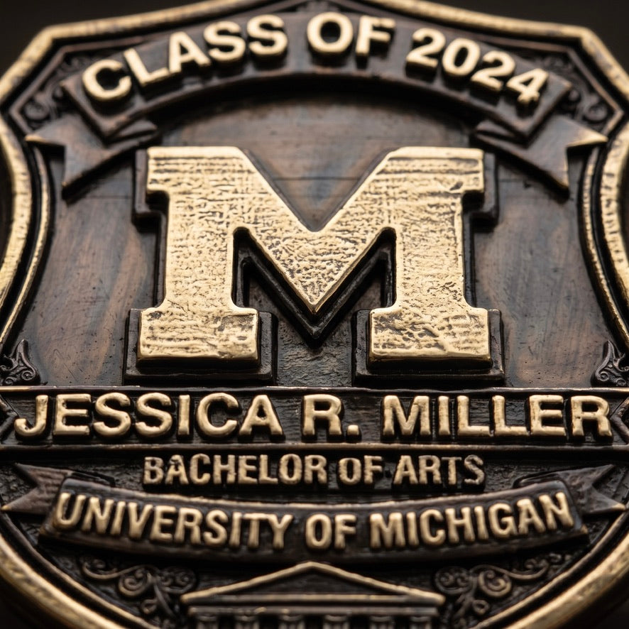 Graduation Plaque | Handcrafted brass graduation crest, detail
