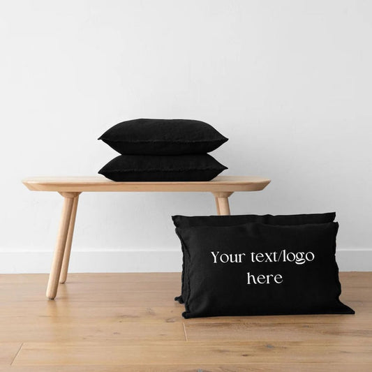 Black - Set of 2 | Personalised Embroidered Raw/Frayed Edged Pillow/Cushion Covers (Covers only) in Pure Linen | Super Soft | Pre-washed
