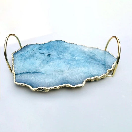 Blue Agate Serving Tray With Brass Loop Handles