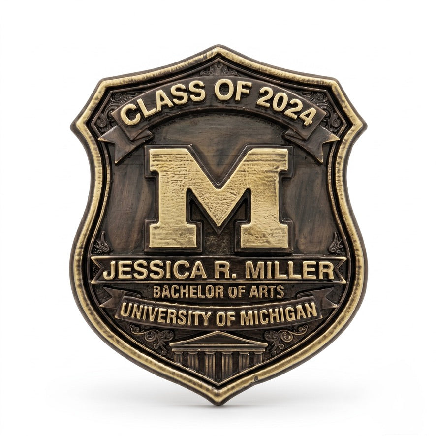Graduation Plaque | Custom graduation shield in antique brass
