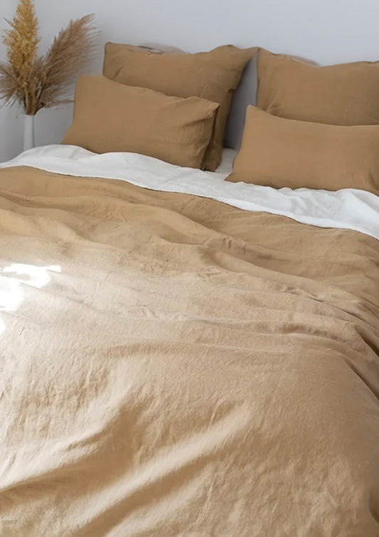 Camel Brown - 100% Pure Linen | Linen Cotton Mix | 3 Piece Duvet Cover Set | 4 Piece Sheet Set | Handmade | Pre-washed | Soft