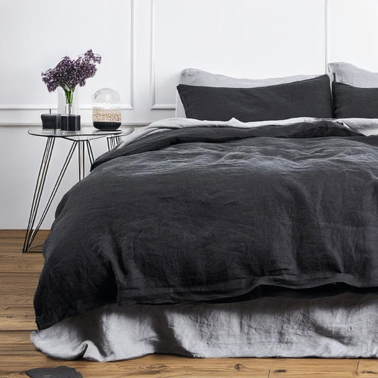 Charcoal Black - 100% Pure Linen | Linen Cotton Mix | 3 Piece Duvet Cover Set | 4 Piece Sheet Set | Handmade | Pre-washed | Soft