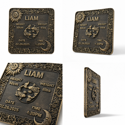 Zodiac Birth Tile | Handcrafted antique brass with baby birth details