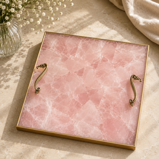 Rose quartz square tray — stone texture and finish options