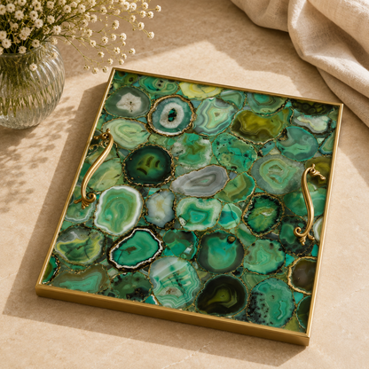Light green agate square tray, stone texture and finish options