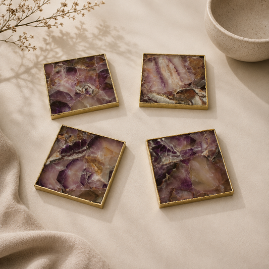 Amethyst Square Coasters – Set of 4 — finish options, gold, silver, rose gold