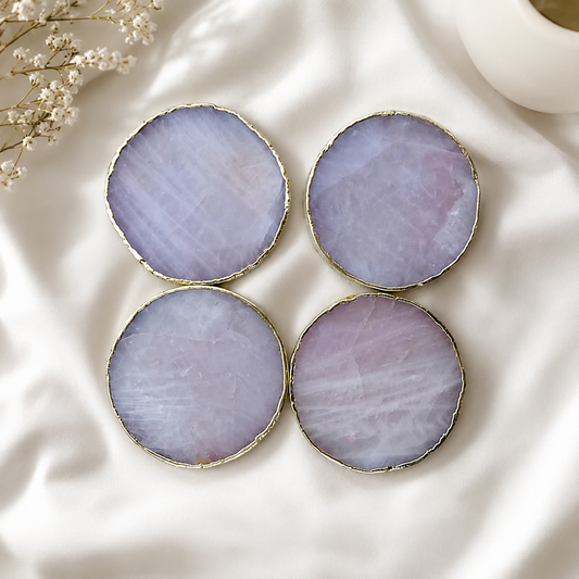 Rose Quartz Round Coasters – Set of 4 — finish options, gold, silver, rose gold