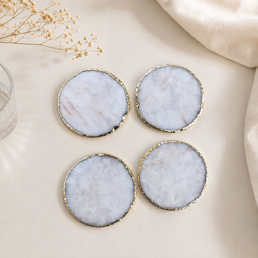 White Agate Round Coasters – Set of 4 — finish options, gold, silver, rose gold