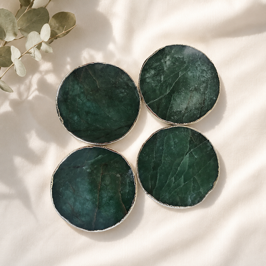 Sage Green Agate Round Coasters – Set of 4 — finish options, gold, silver, rose gold