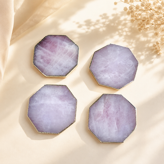 Rose Quartz Octagon Coasters – Set of 4 — finish options, gold, silver, rose gold