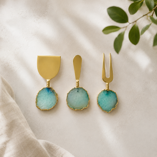 Aqua Agate Slice Cheese Board Set – Set of 3 — round disc handles, gold finish