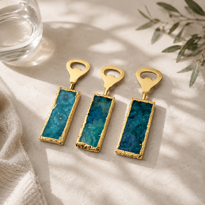Set of 3 Aqua Agate Bottle Openers — teal stone handles, gold finish