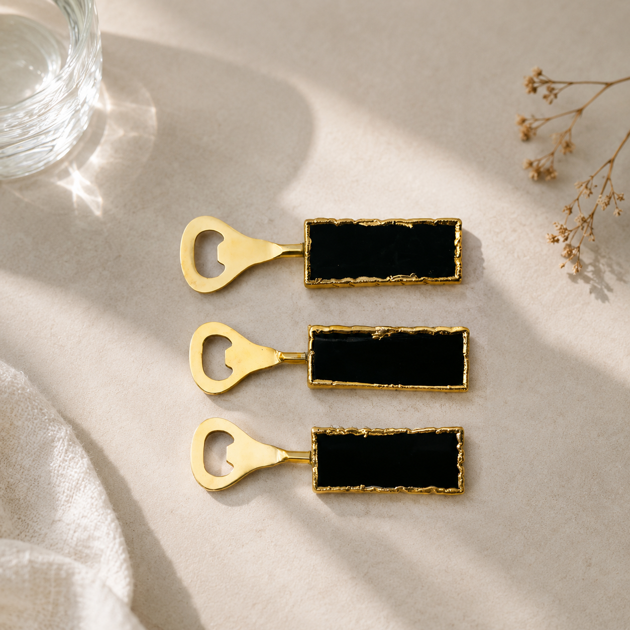 Set of 3 Black Agate Bottle Openers — jet-black stone handles, gold heart-shaped openers