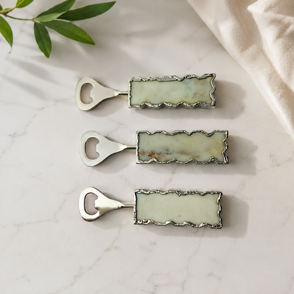 Set of 3 White Marble Bottle Openers — white marble handles, silver finish
