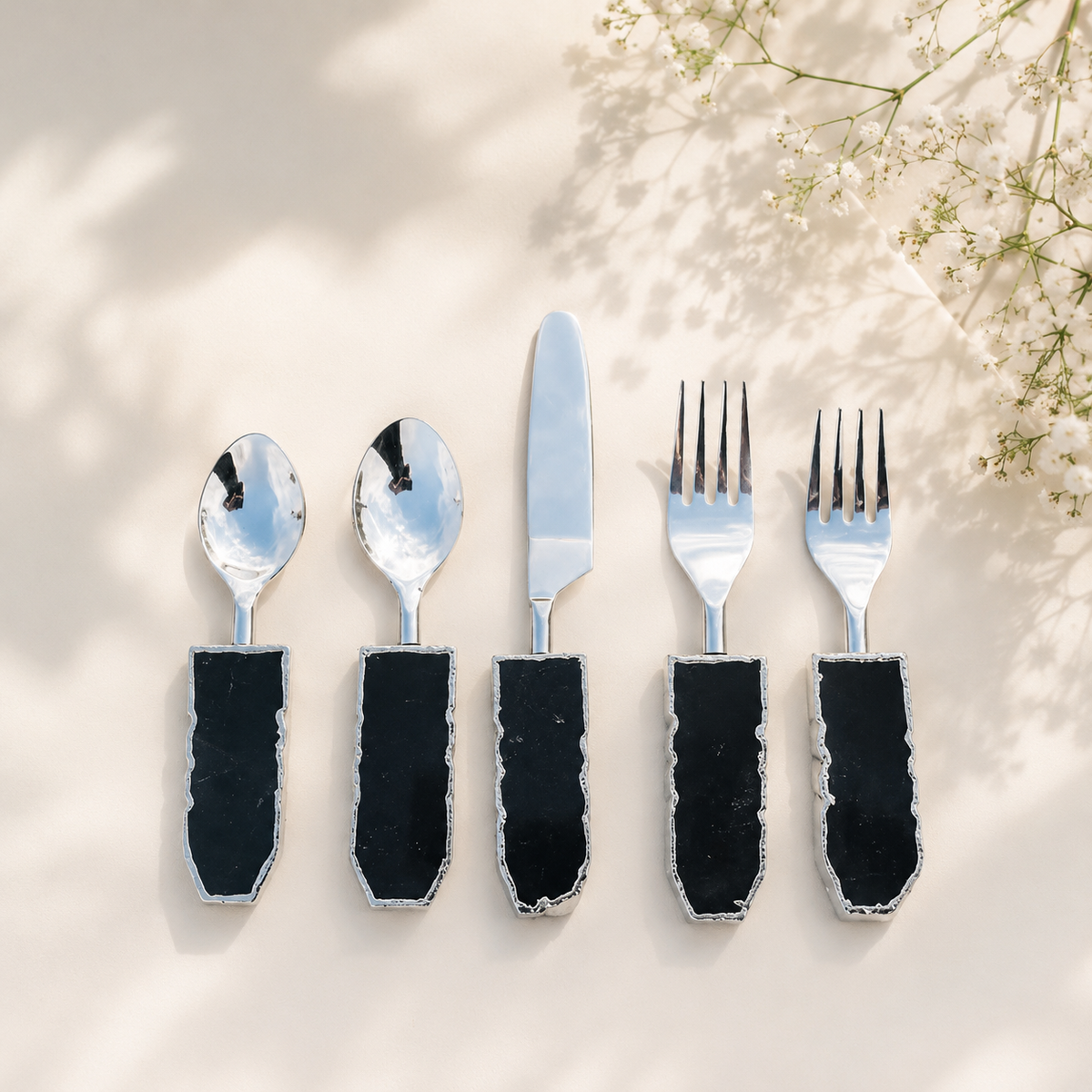 Black Agate Cutlery Set of 5, jet-black stone handles, silver finish