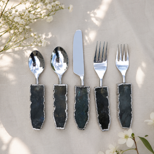 Labradorite Cutlery Set – Set of 5 — iridescent stone handles, silver finish