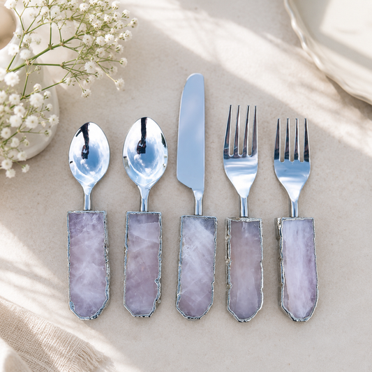 Rose Quartz Cutlery Set – Set of 5 — blush-pink stone handles, silver finish