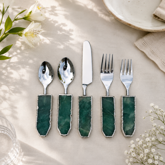 Green Agate Cutlery Set – Set of 5 — teal-green stone handles, silver finish