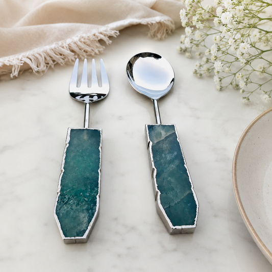 Green Agate Salad Server – Silver Finish – Set of 2 — teal-green stone handles, silver finish