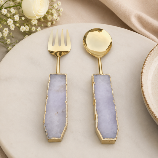 Rose Quartz Salad Server – Gold Finish – Set of 2 — pale pink geometric stone handles, gold finish