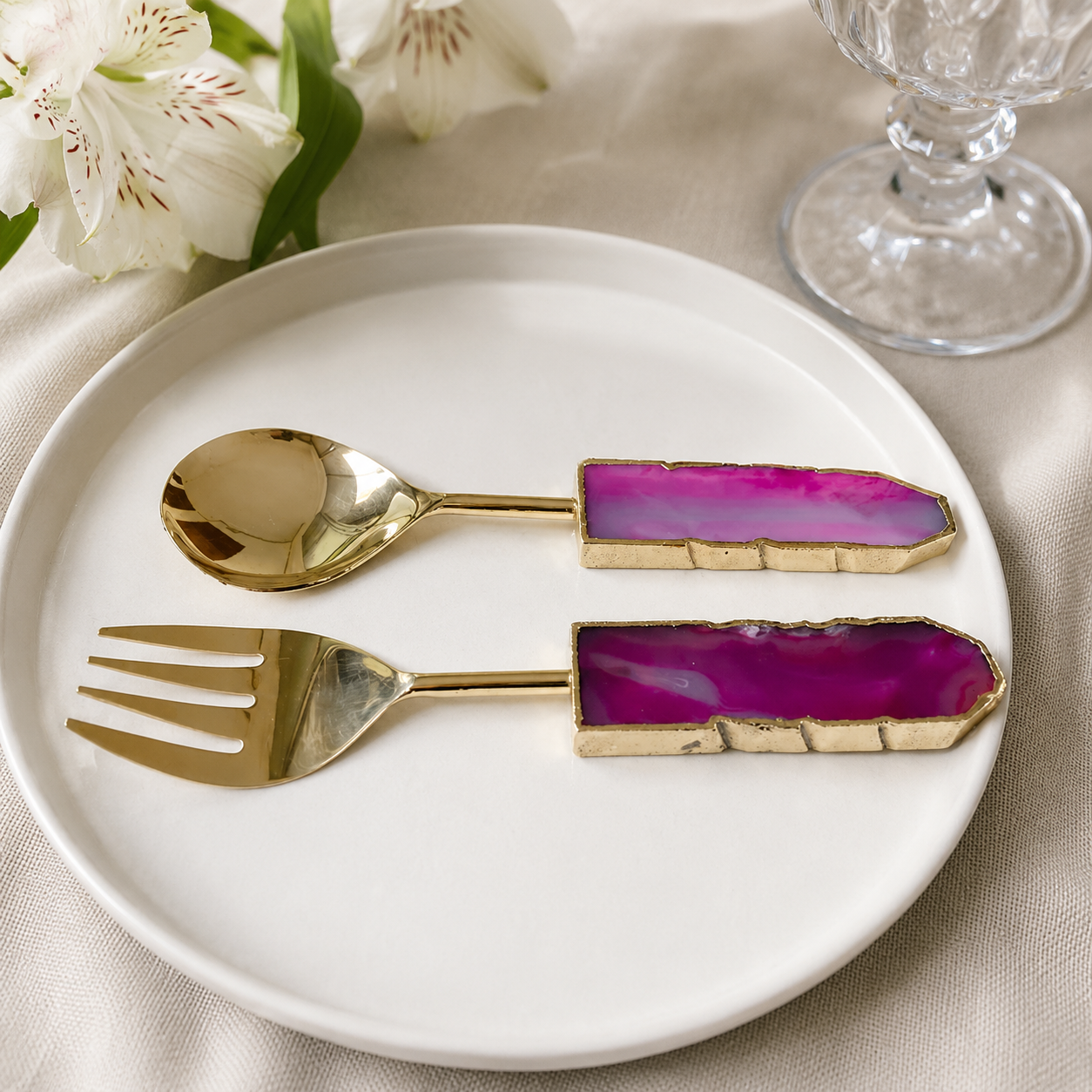 Pink Agate Salad Server – Gold Finish – Set of 2 — vivid magenta stone handles, gold finish