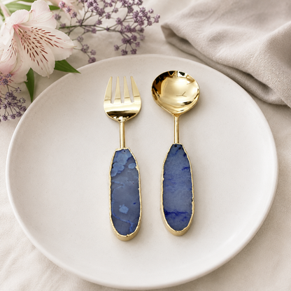 Light Ink Blue Agate Salad Server – Silver Finish – Set of 2 — oval periwinkle stone handles, silver finish