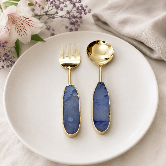 Light Ink Blue Agate Salad Server – Silver Finish – Set of 2 — oval periwinkle stone handles, silver finish