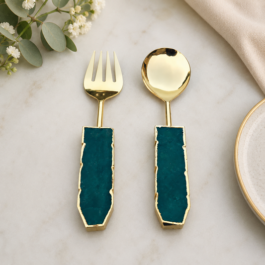 Green Agate Salad Server – Gold Finish – Set of 2 — teal-green rectangular stone handles, gold finish